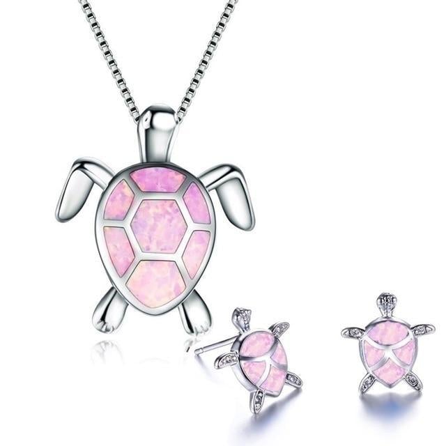 Sea Turtle Necklace and Earrings Set with Opal-Look Stone