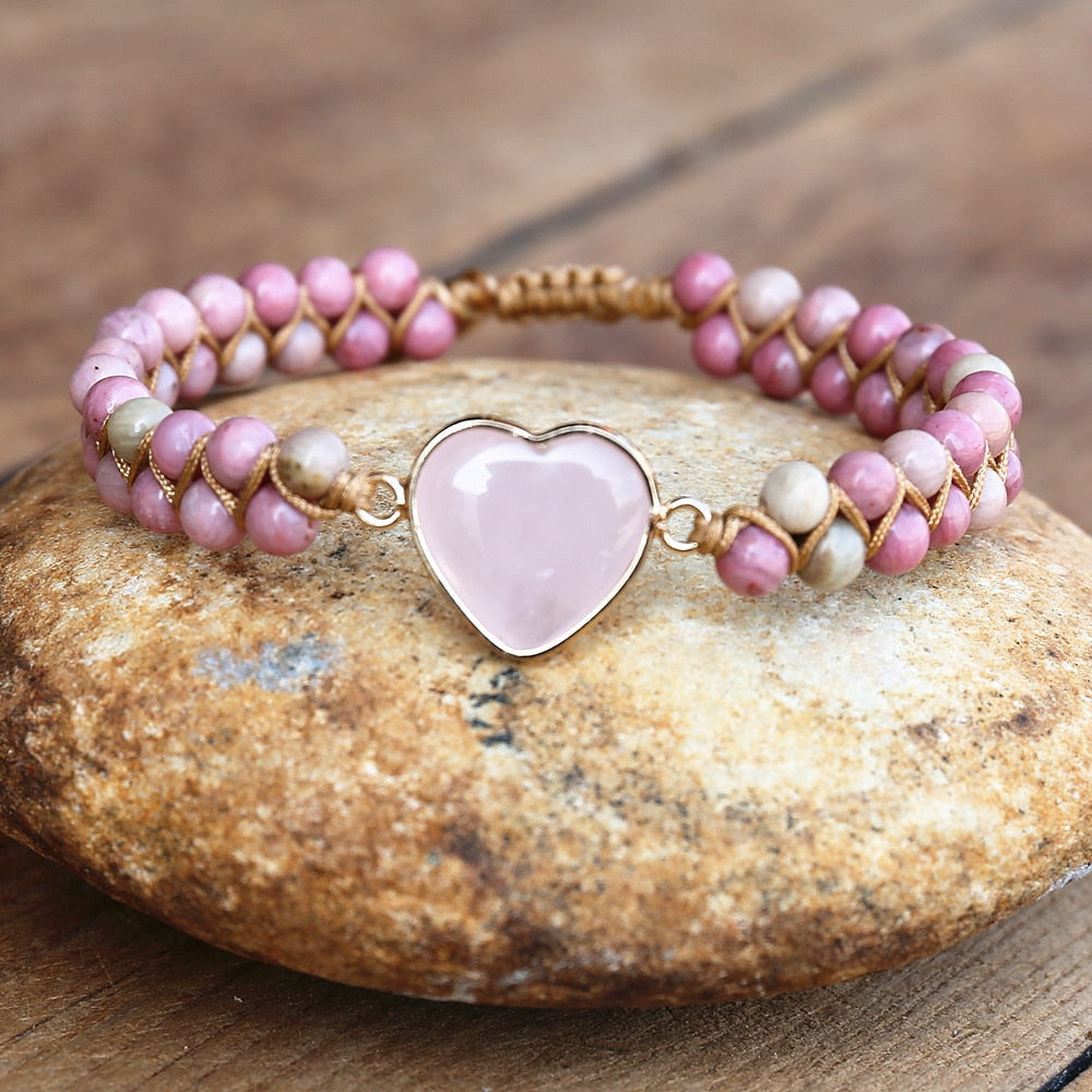 Rhodonite Bead Bracelet with Pink Heart Stone