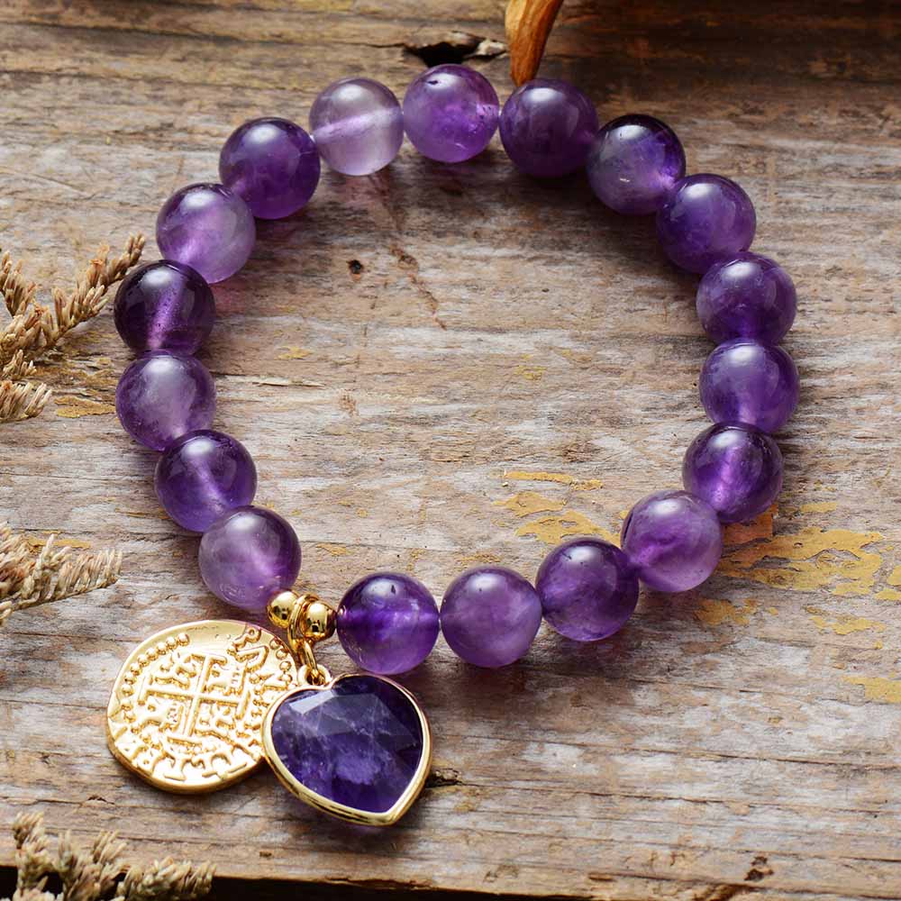 Heart Charm Bead Bracelet in Amethyst, Onyx or Jasper