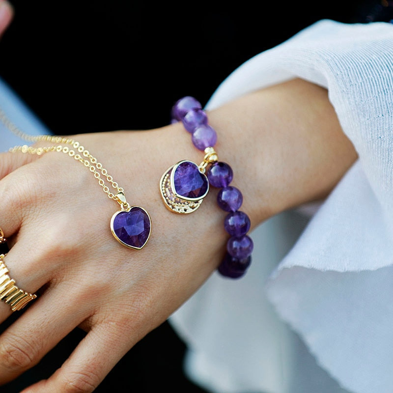 Heart Charm Bead Bracelet in Amethyst, Onyx or Jasper