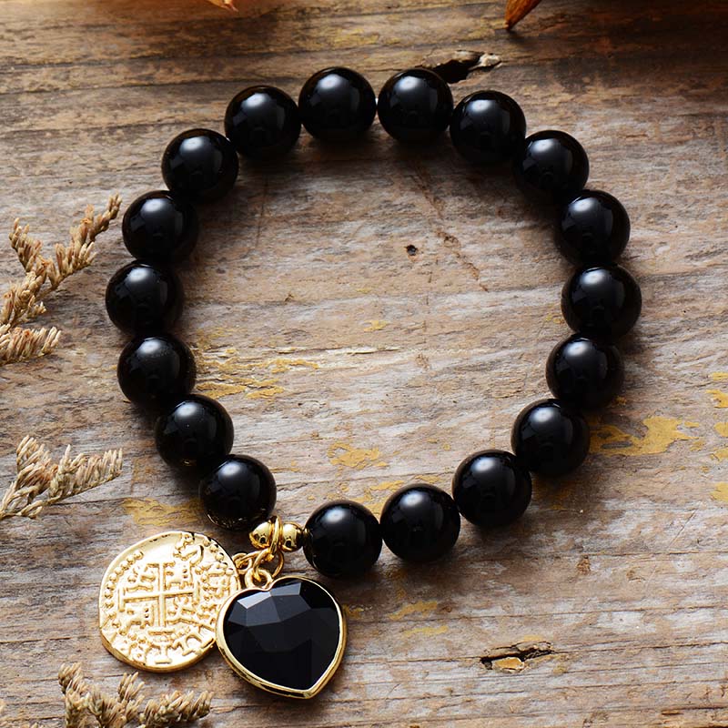 Heart Charm Bead Bracelet in Amethyst, Onyx or Jasper