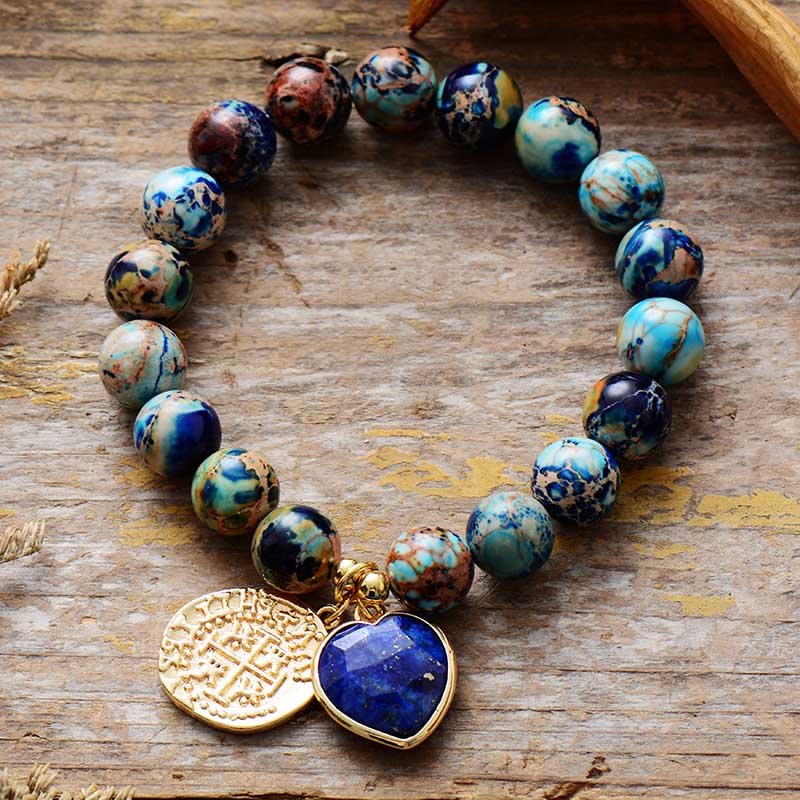 Heart Charm Bead Bracelet in Amethyst, Onyx or Jasper
