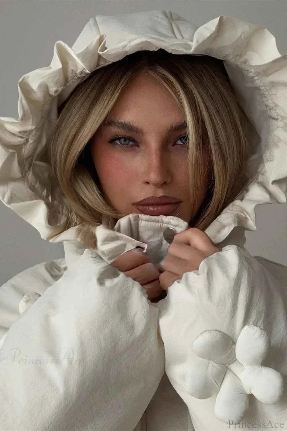 Quilted Coat with Raised Floral Trim and High Stand Collar