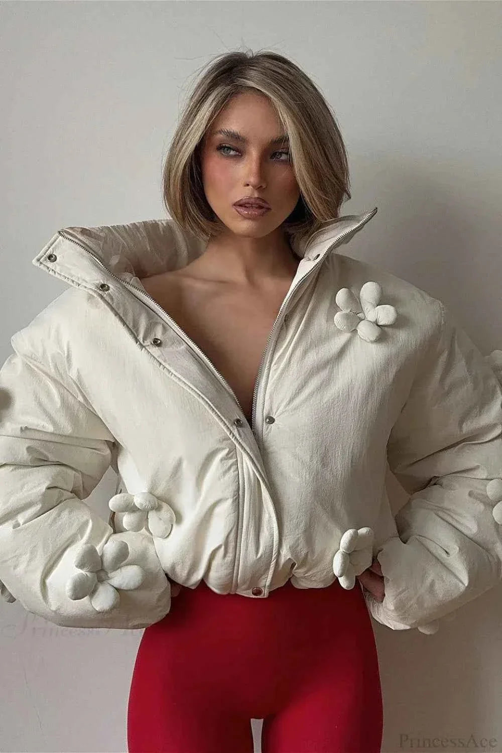 Quilted Coat with Raised Floral Trim and High Stand Collar