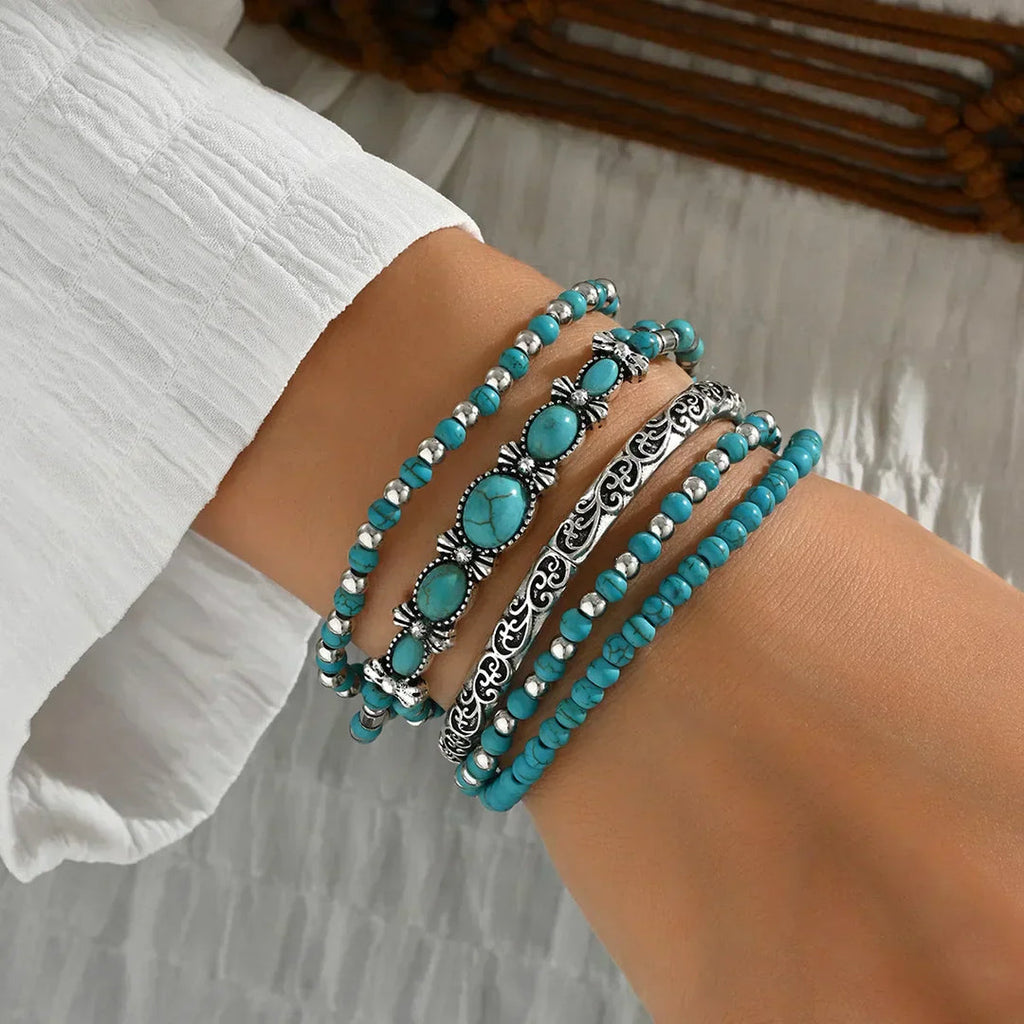 Layered Turquoise Bead Bracelet with Silver-Tone Details