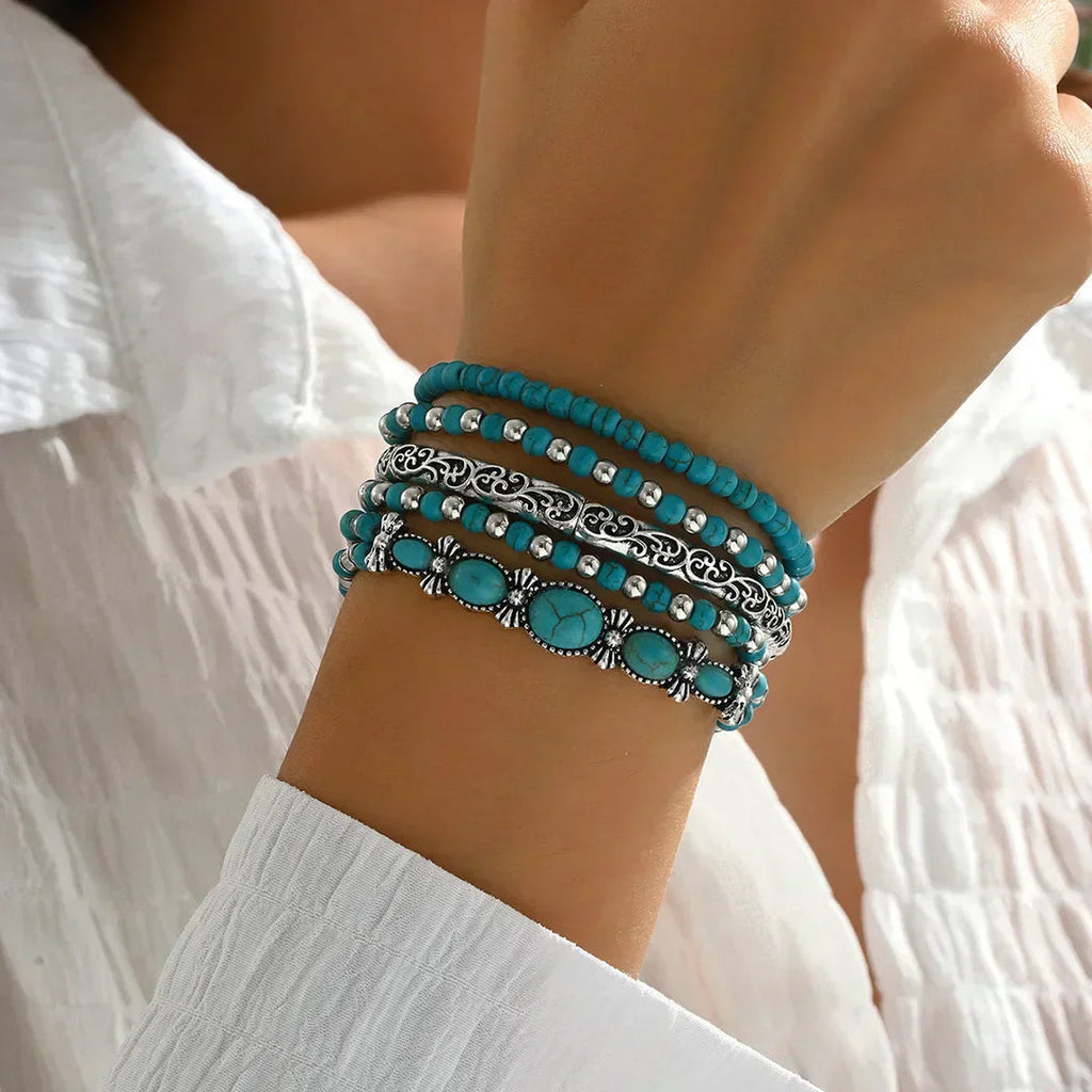 Layered Turquoise Bead Bracelet with Silver-Tone Details