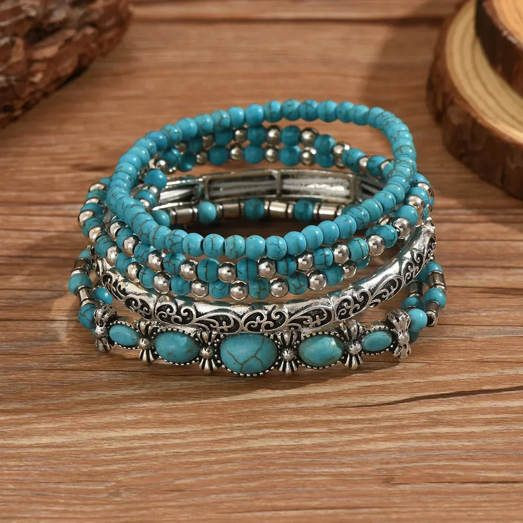 Layered Turquoise Bead Bracelet with Silver-Tone Details