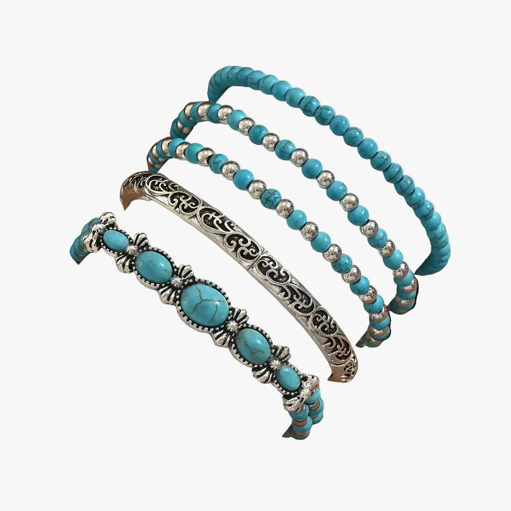 Layered Turquoise Bead Bracelet with Silver-Tone Details