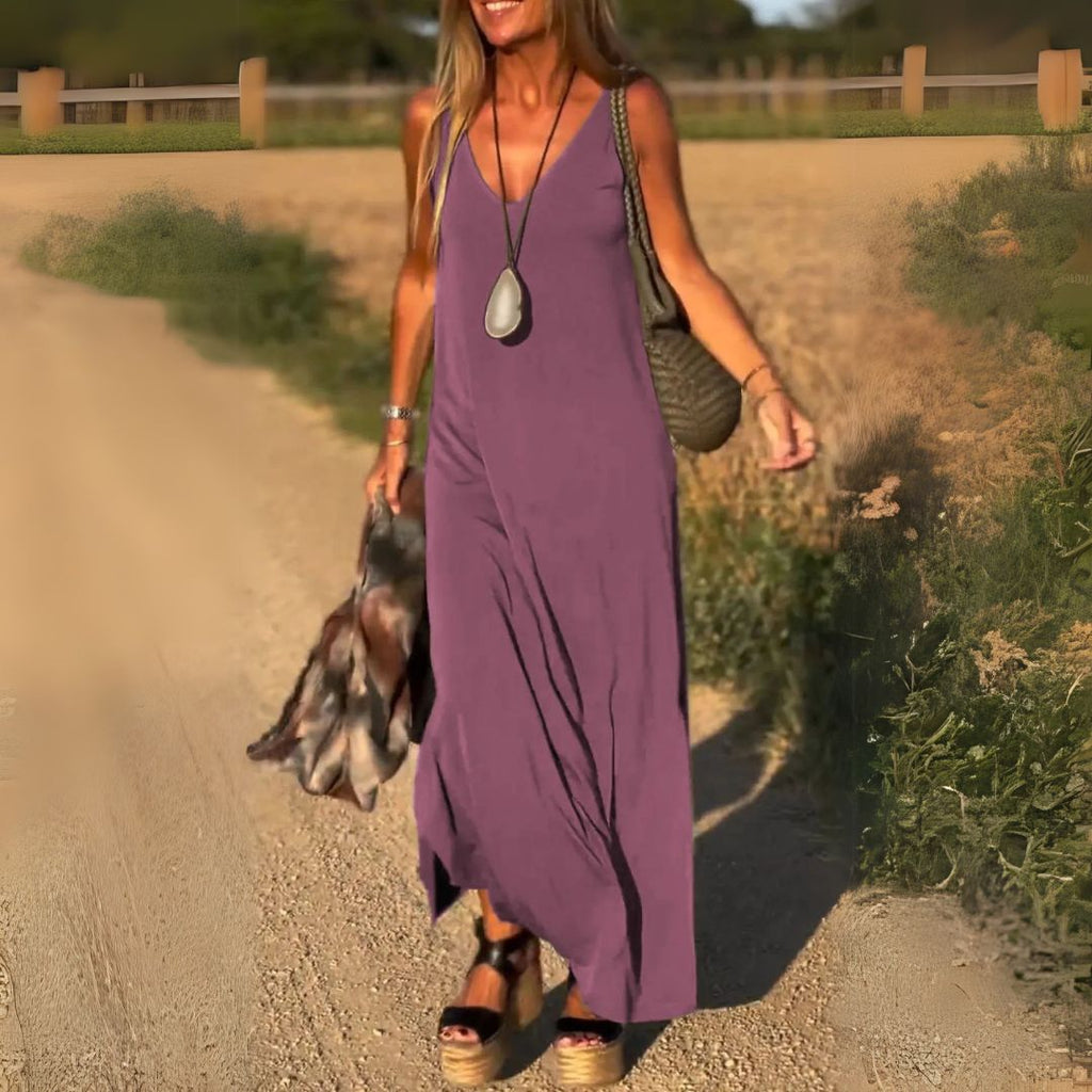 V-Neck Sleeveless Side Slit Flowing Maxi Dress