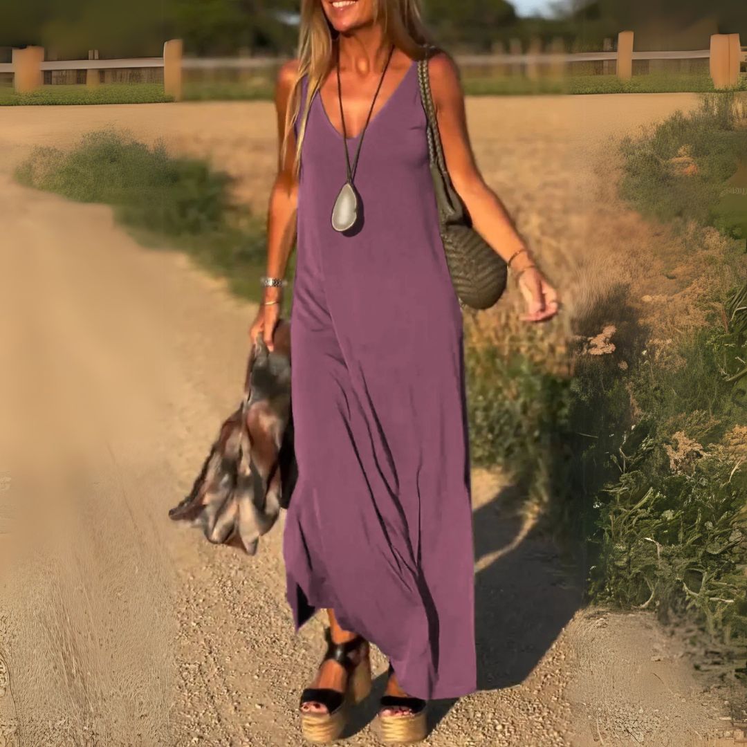V-Neck Sleeveless Side Slit Flowing Maxi Dress