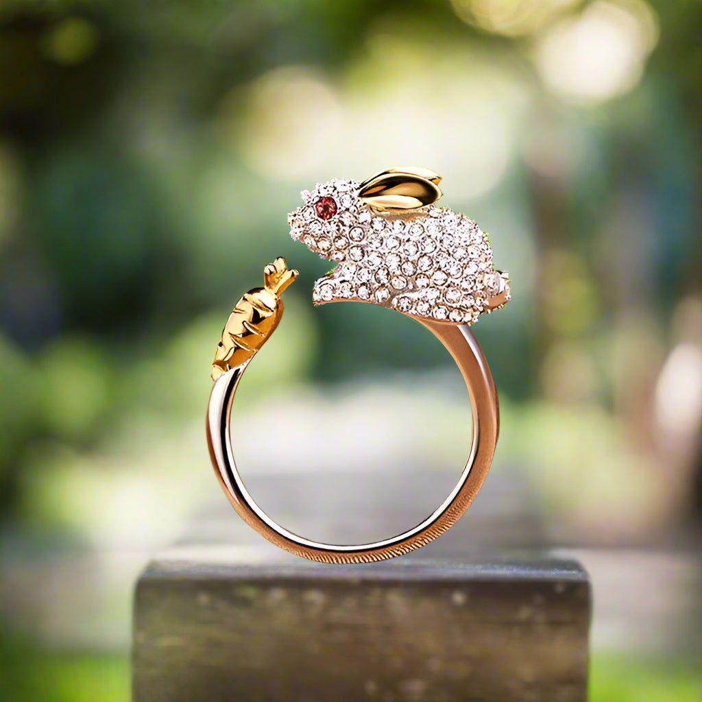 Adjustable Silver-Tone Bunny and Carrot Crystal Ring