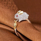 Adjustable Silver-Tone Bunny and Carrot Crystal Ring