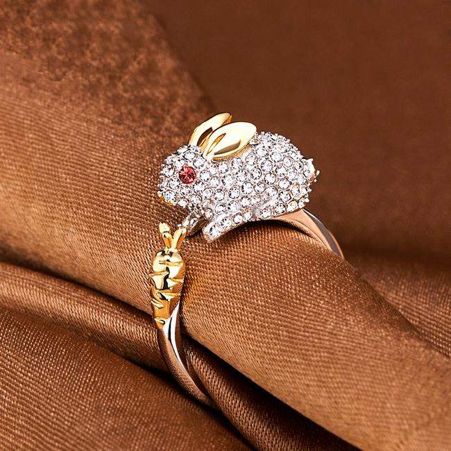 Adjustable Silver-Tone Bunny and Carrot Crystal Ring