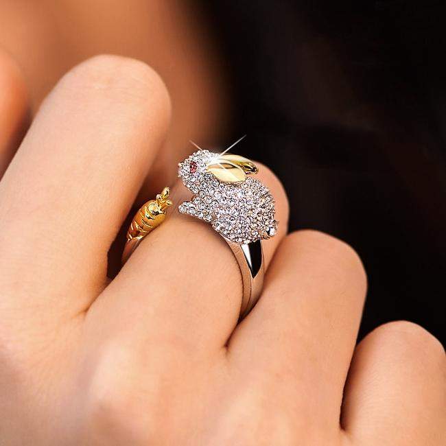 Adjustable Silver-Tone Bunny and Carrot Crystal Ring