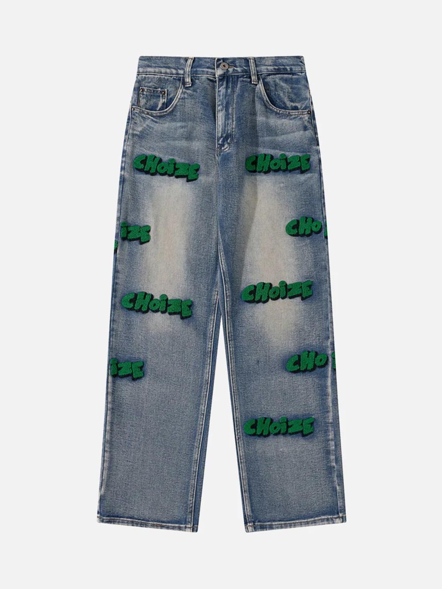 Rechte denim broek met all-over letterprint