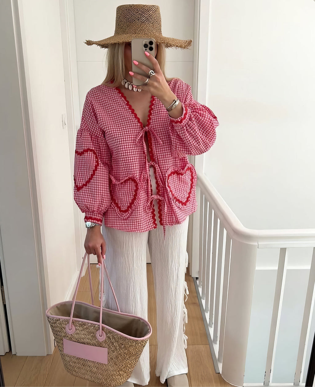 Tie-Front Blouse in Cotton with Gingham Heart Print