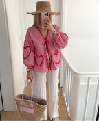 Tie-Front Blouse in Cotton with Gingham Heart Print