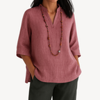 Linen Tunic Blouse with a V-Neck and 3/4 Sleeves