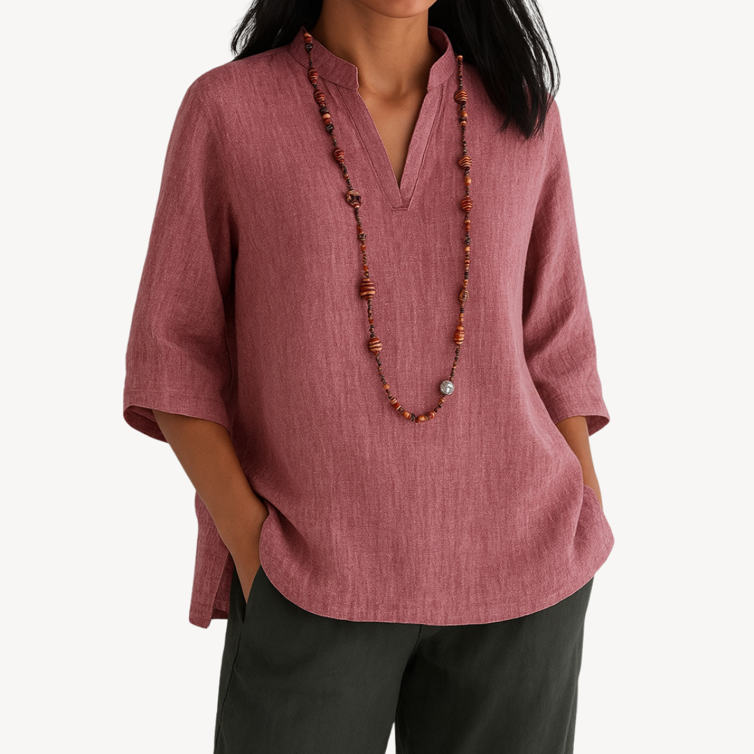 Linen Tunic Blouse with a V-Neck and 3/4 Sleeves
