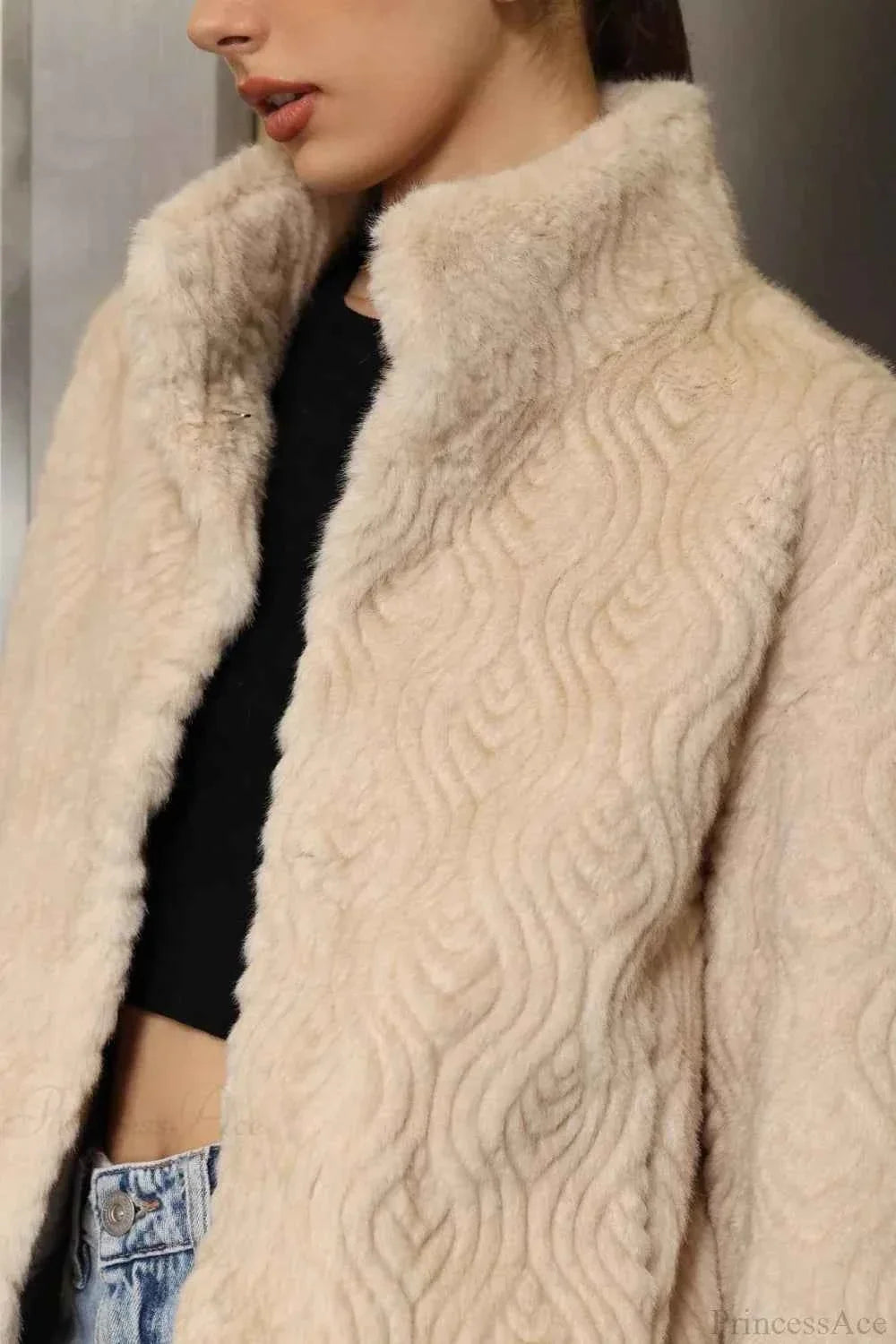 Ribbed Roll Neck Top and Faux Fur Coat Two-Piece Set