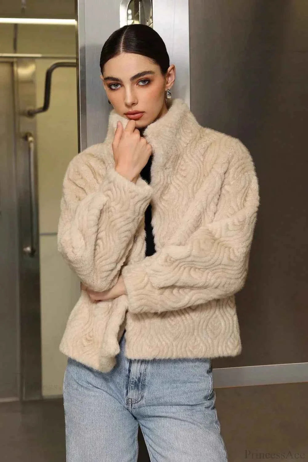 Ribbed Roll Neck Top and Faux Fur Coat Two-Piece Set