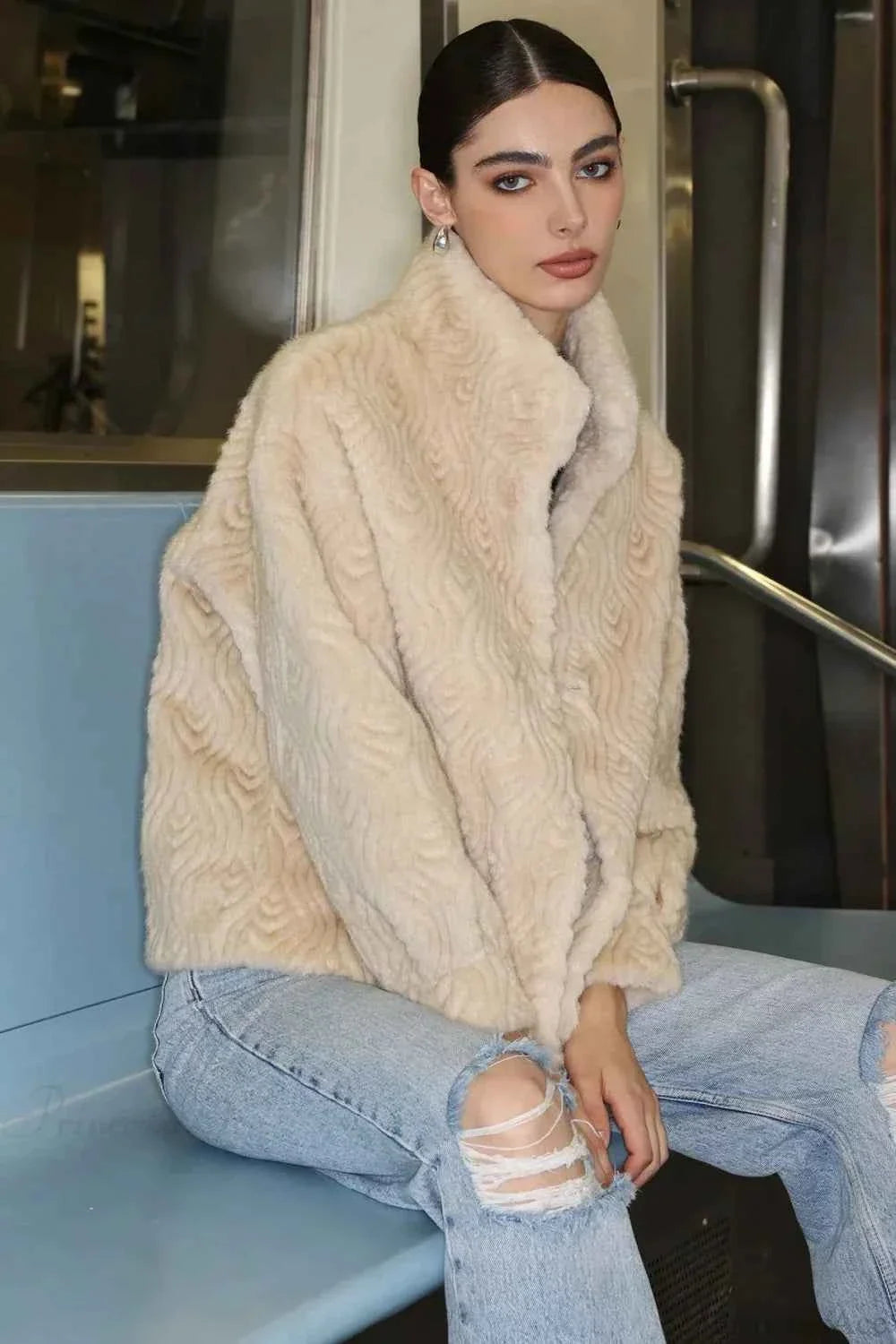 Ribbed Roll Neck Top and Faux Fur Coat Two-Piece Set