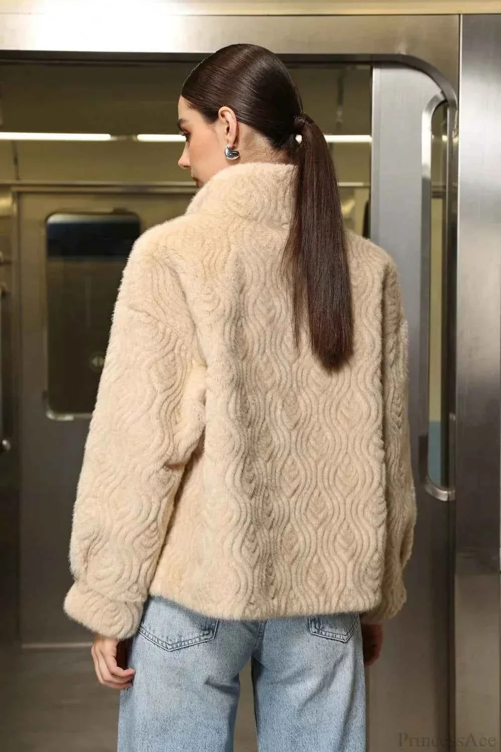 Ribbed Roll Neck Top and Faux Fur Coat Two-Piece Set