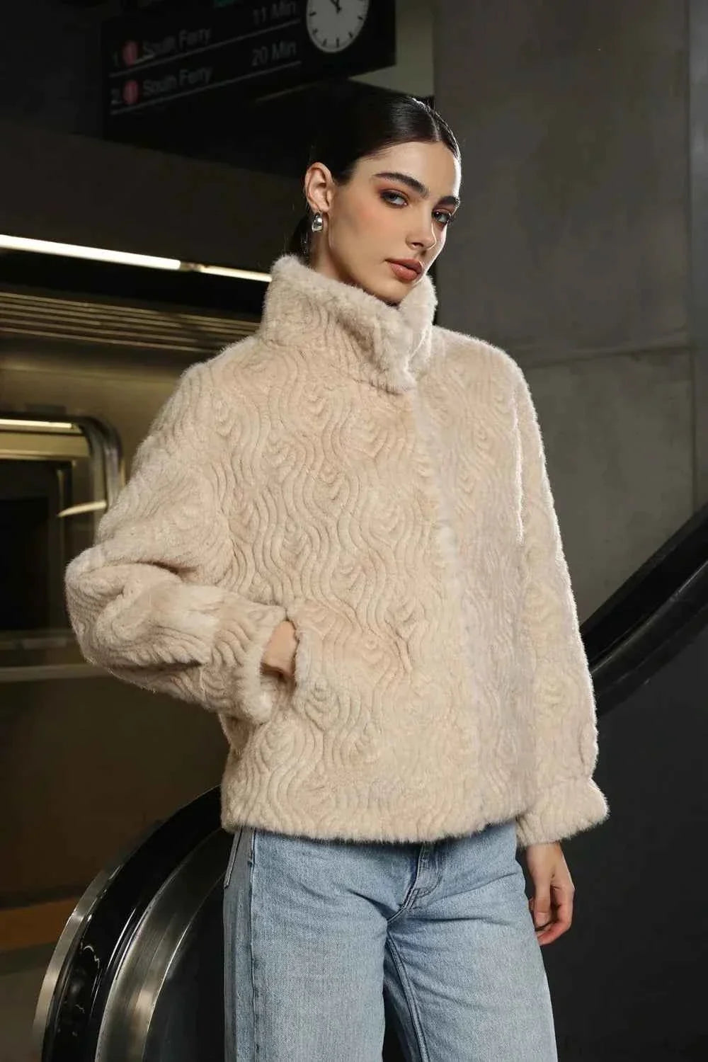 Ribbed Roll Neck Top and Faux Fur Coat Two-Piece Set