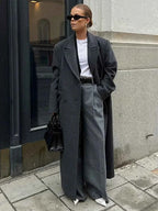 Ribbed Brushed Double Breasted Coat with Turn Down Collar