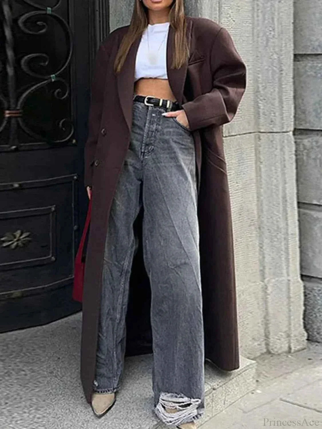 Ribbed Brushed Double Breasted Coat with Turn Down Collar