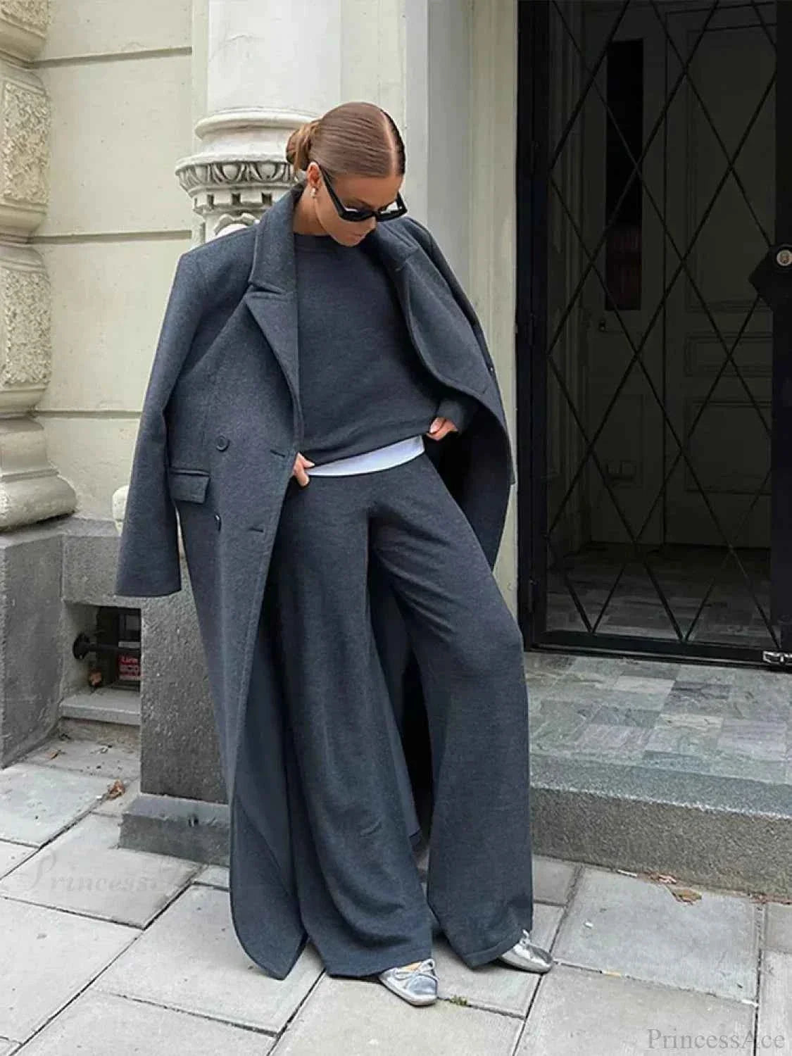 Ribbed Brushed Double Breasted Coat with Turn Down Collar