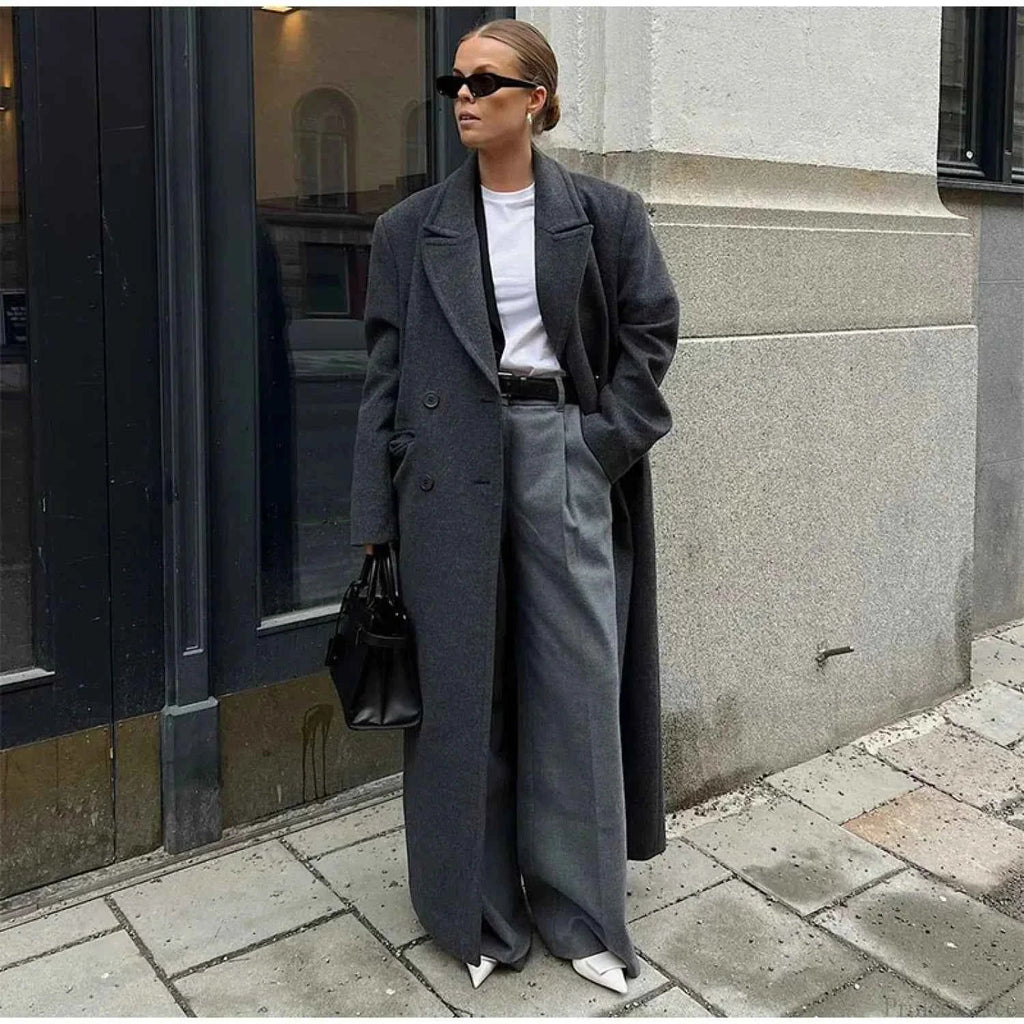 Ribbed Brushed Double Breasted Coat with Turn Down Collar