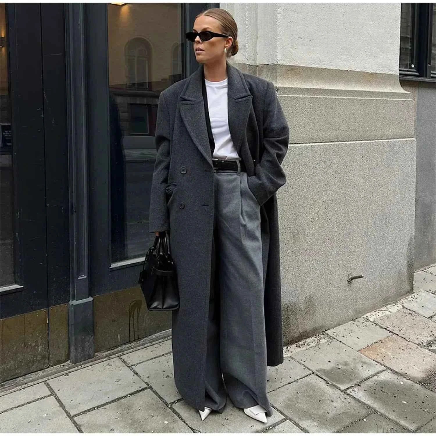 Ribbed Brushed Double Breasted Coat with Turn Down Collar