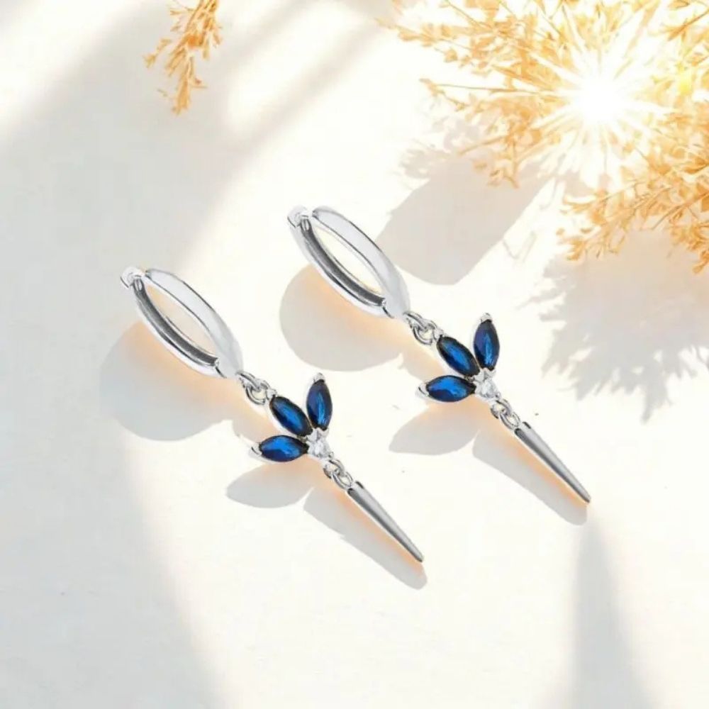 Silver-Tone Leaf Branch Earrings with Blue Stones