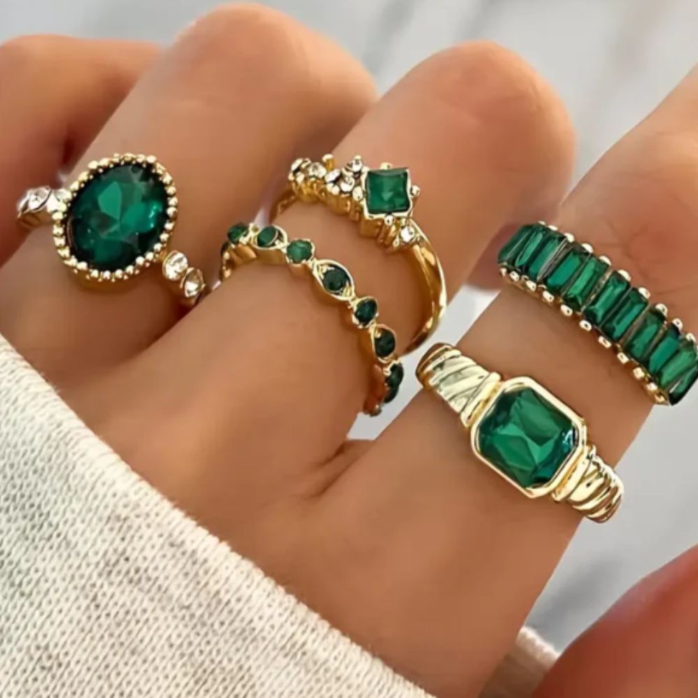 Emerald-Look Gold-Tone Stacking Ring Set with Oval and Row Designs