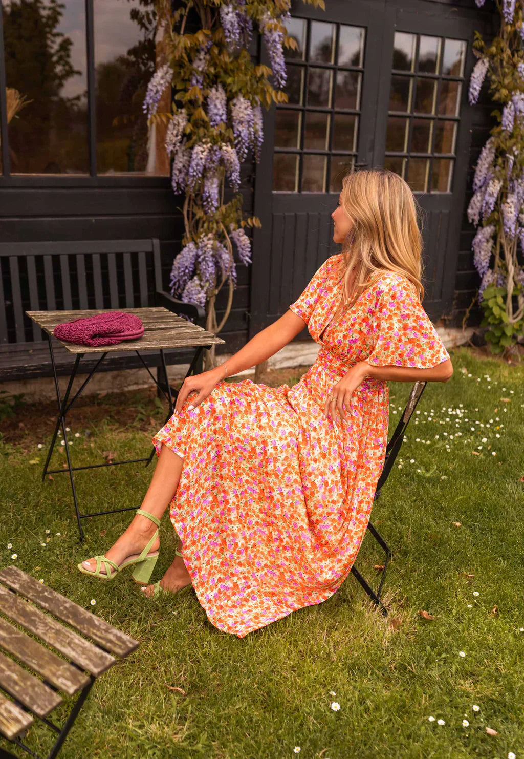 Floral V-Neck Flutter Sleeve Waist-Seam Maxi Dress