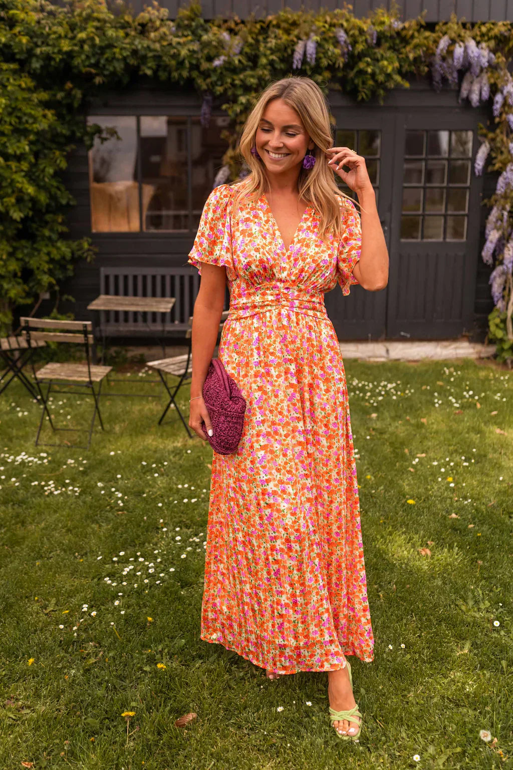 Floral V-Neck Flutter Sleeve Waist-Seam Maxi Dress