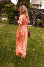 Floral V-Neck Flutter Sleeve Waist-Seam Maxi Dress