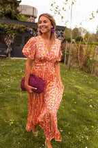 Floral V-Neck Flutter Sleeve Waist-Seam Maxi Dress