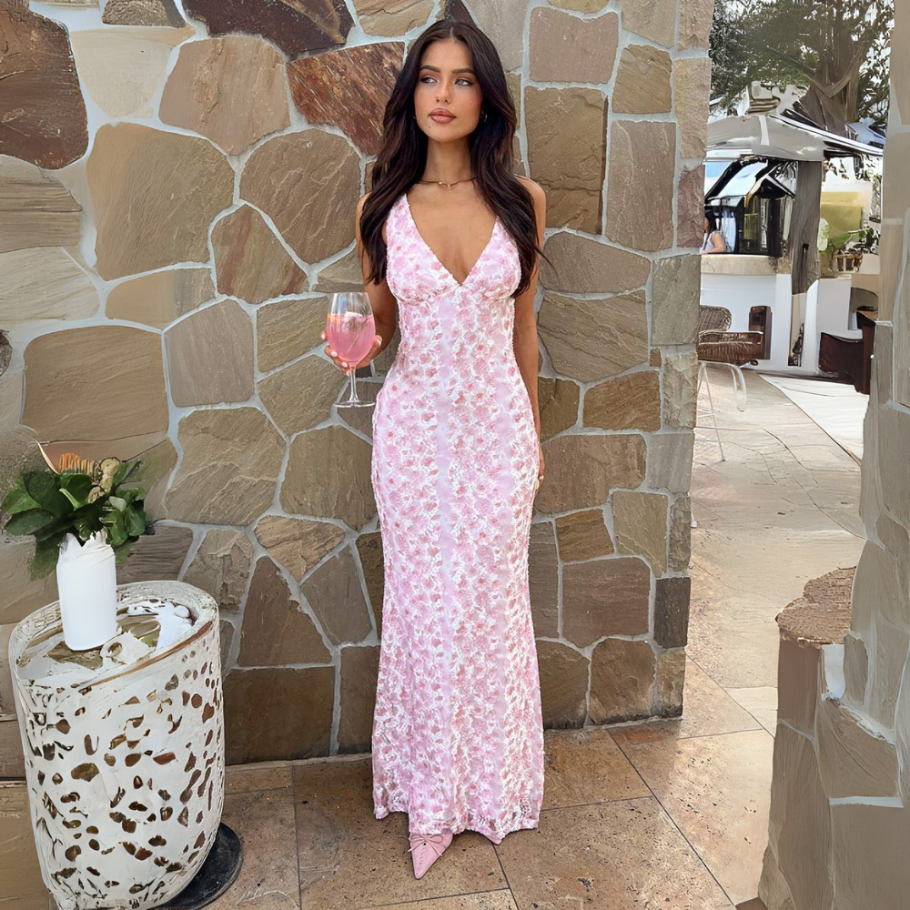 Sleeveless V-Neck Open Back Textured Maxi Dress