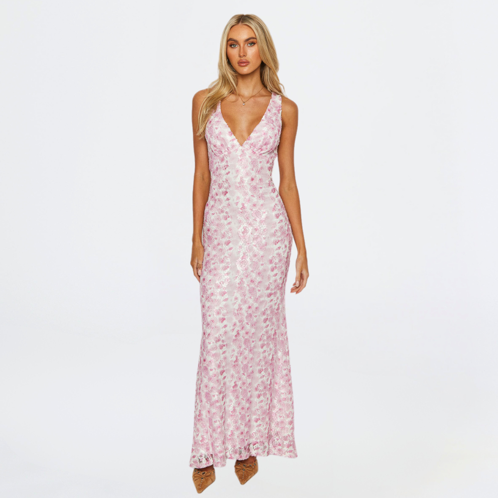 Sleeveless V-Neck Open Back Textured Maxi Dress