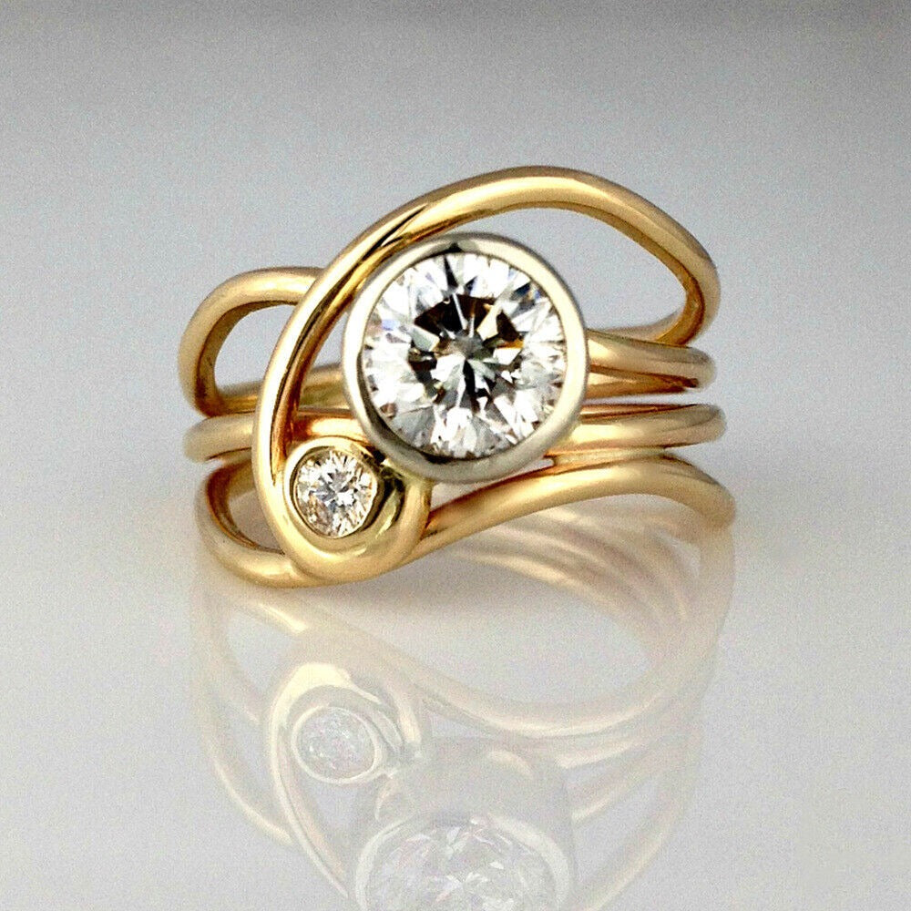 Gold-Tone Wave Ring with Round and Small Zirconia