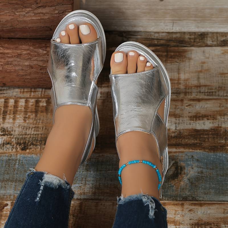 Metallic Wedge Platform Sandals with Ankle Strap