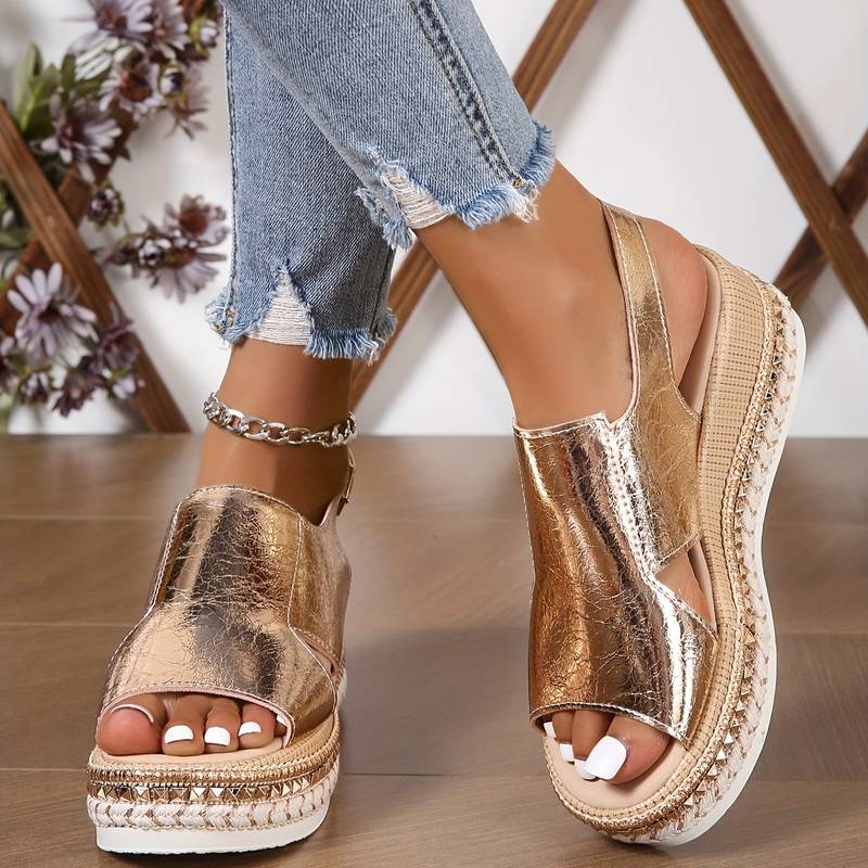 Metallic Wedge Platform Sandals with Ankle Strap