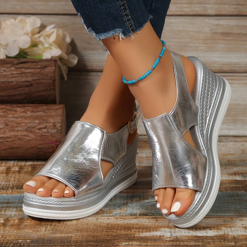 Metallic Wedge Platform Sandals with Ankle Strap
