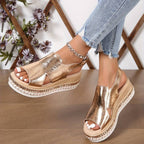 Metallic Wedge Platform Sandals with Ankle Strap