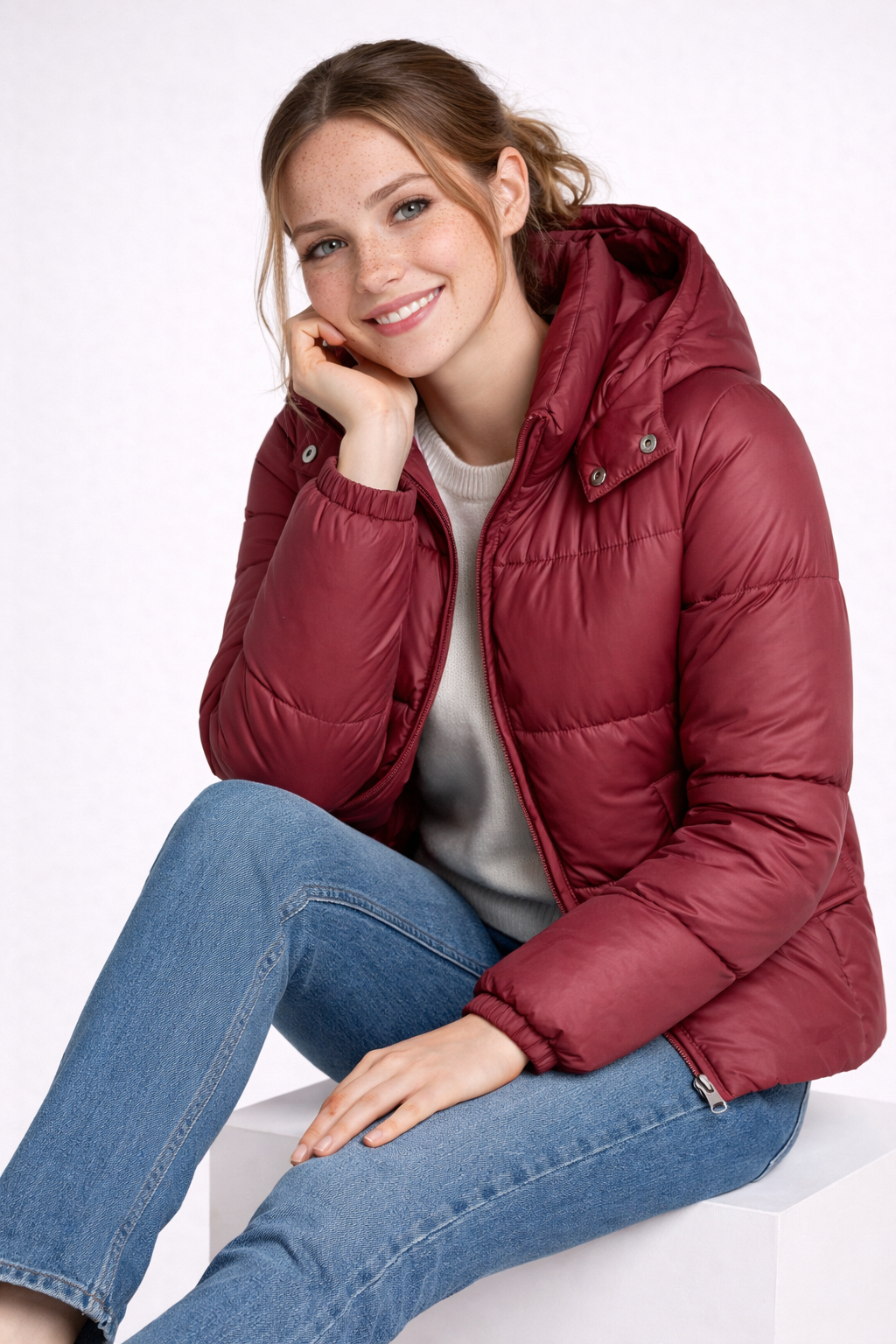 Two-Tone Quilted Hooded Coat with Stand Collar and Zip