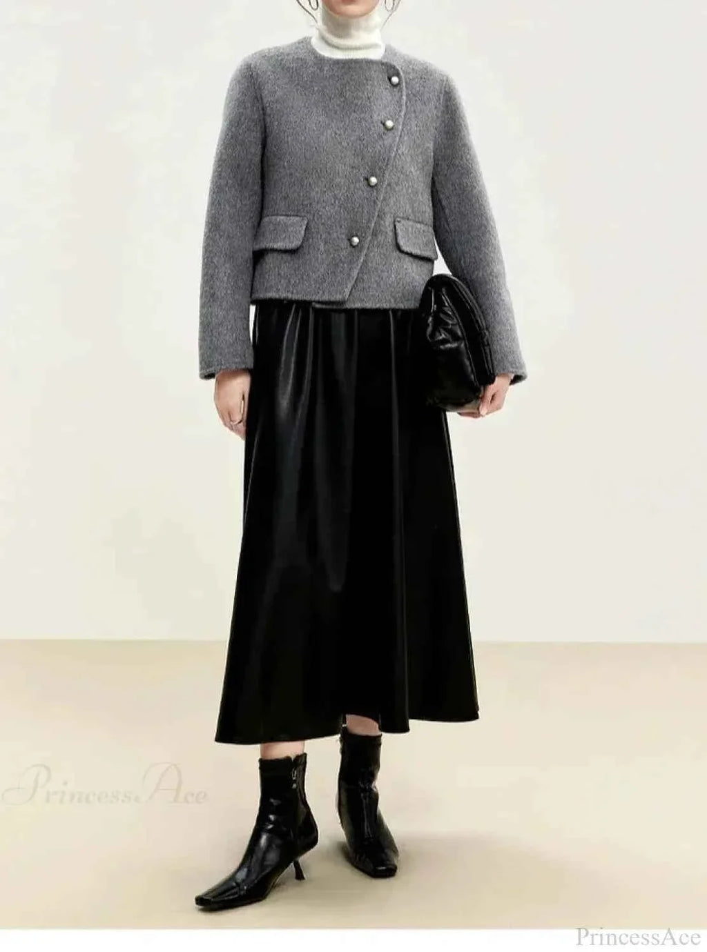Brushed Short Coat with Round Neck and Button Front