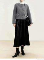 Brushed Short Coat with Round Neck and Button Front