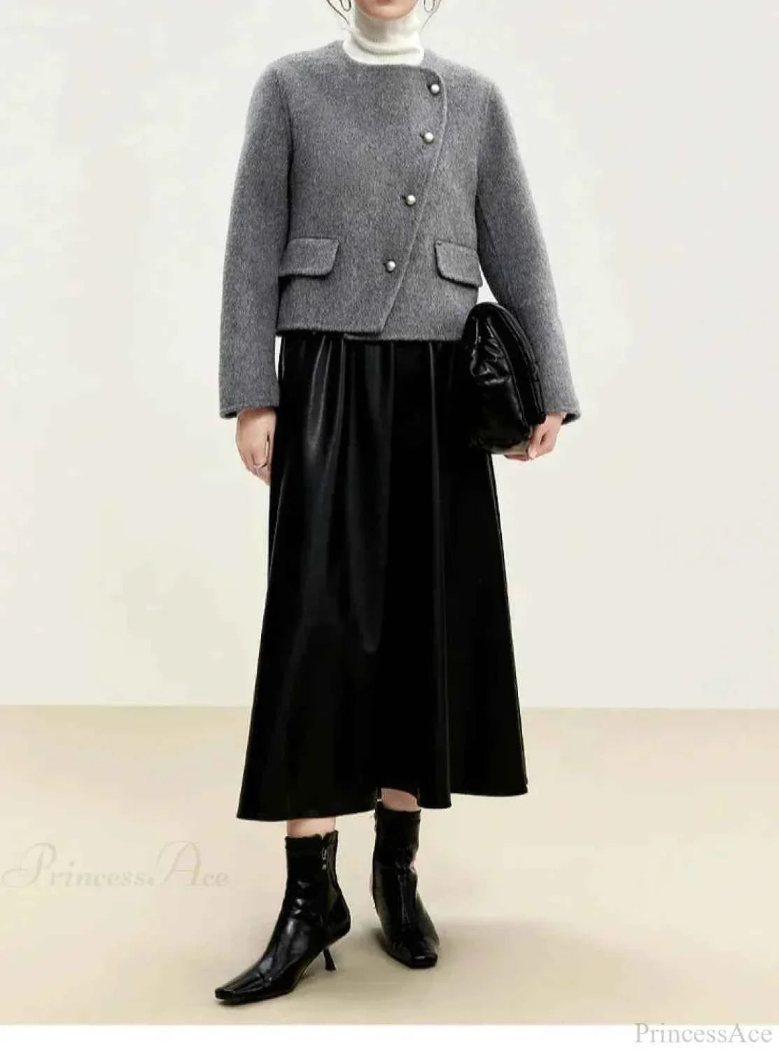 Brushed Short Coat with Round Neck and Button Front